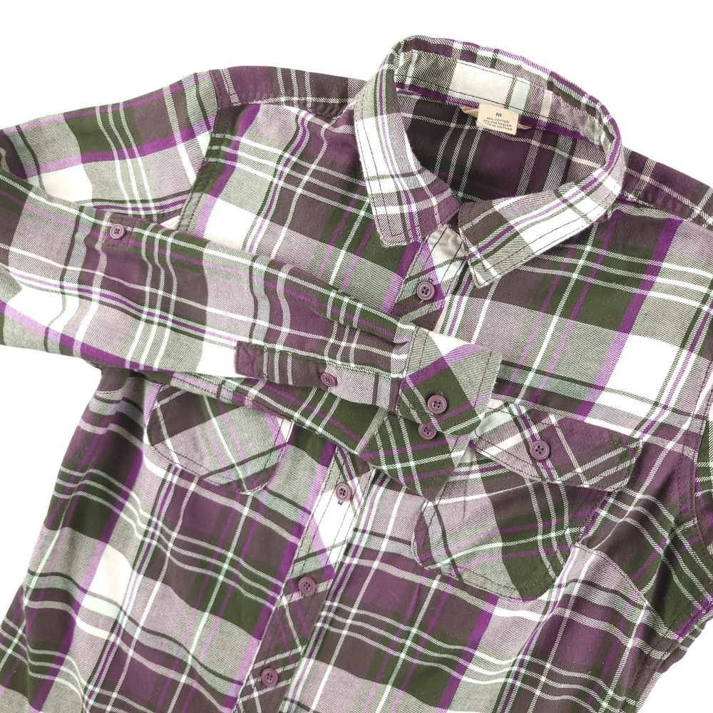 Duluth Trading Co Shirt Womens Medium Purple Green Plaid Button‎ Front Casual